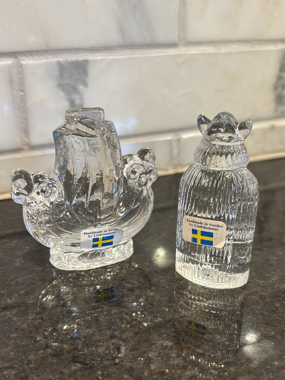Clear Crystal Swedish Glass Figurines - Set of 2  Viking & Ship
